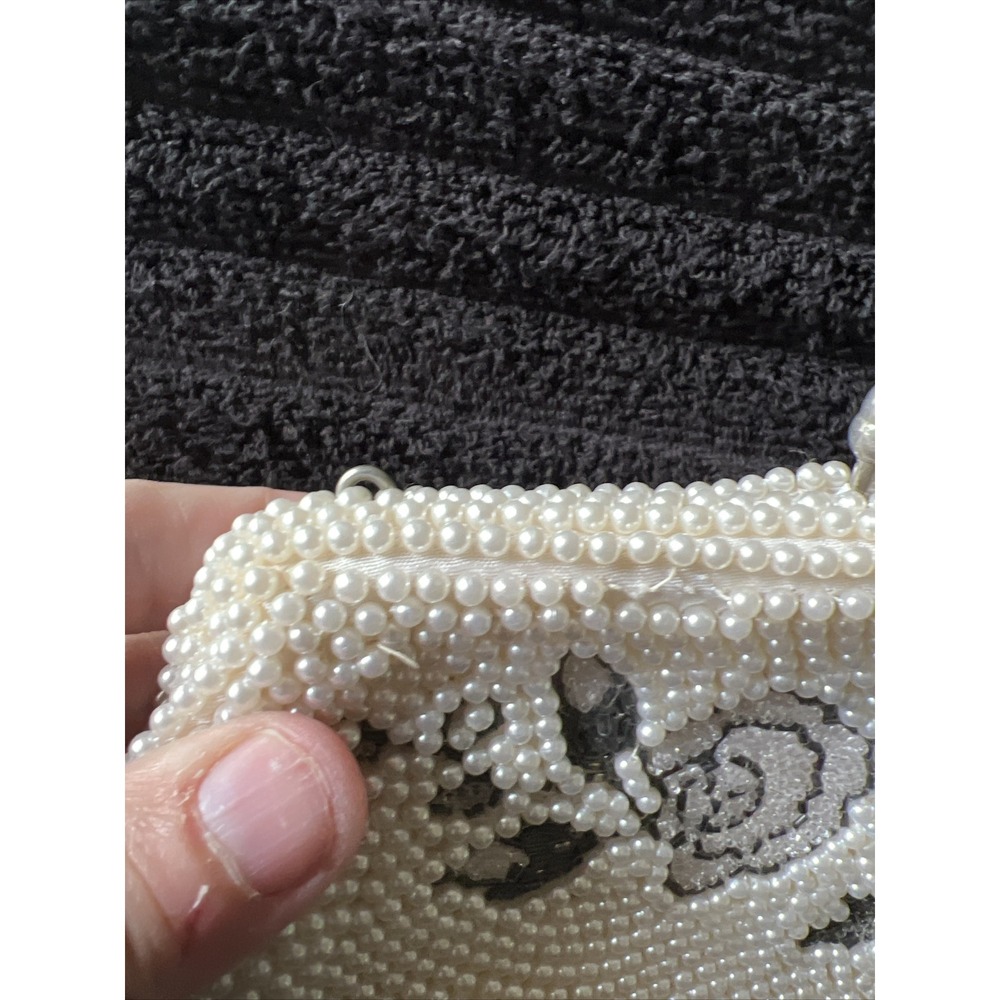 Vintage Made in Japan Faux Pearl & Gray Beaded Clutch Purse Evening Handbag Read - Picture 9 of 12